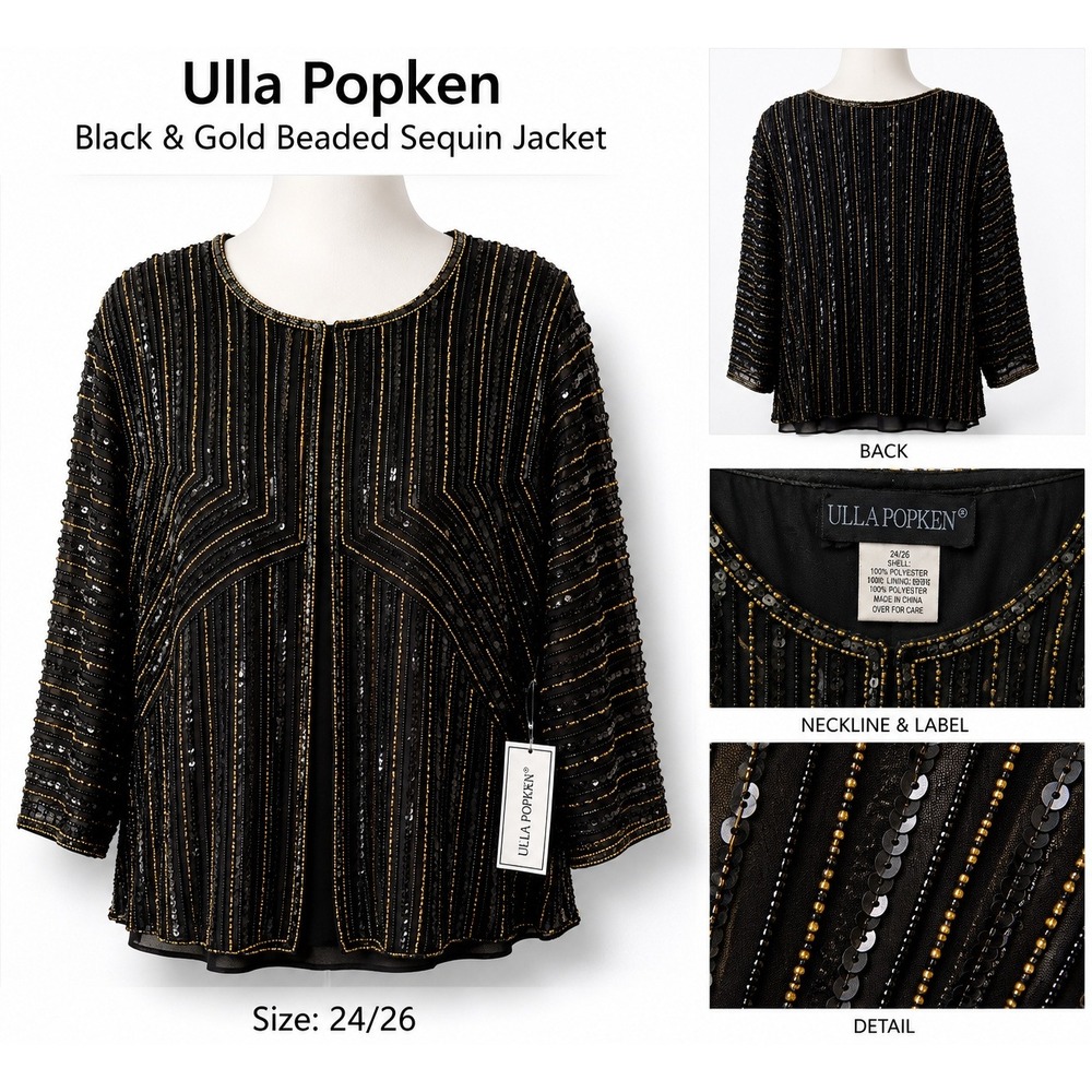 Ulla Popken Black Gold Beaded Sequin Evening Top Plus Size 24/26 Relaxed Fit